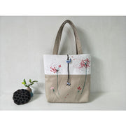 Buddha Stones Pear Flower Plum Peach Blossom Bamboo Embroidery Canvas Large Capacity Shoulder Bag Tote Bag