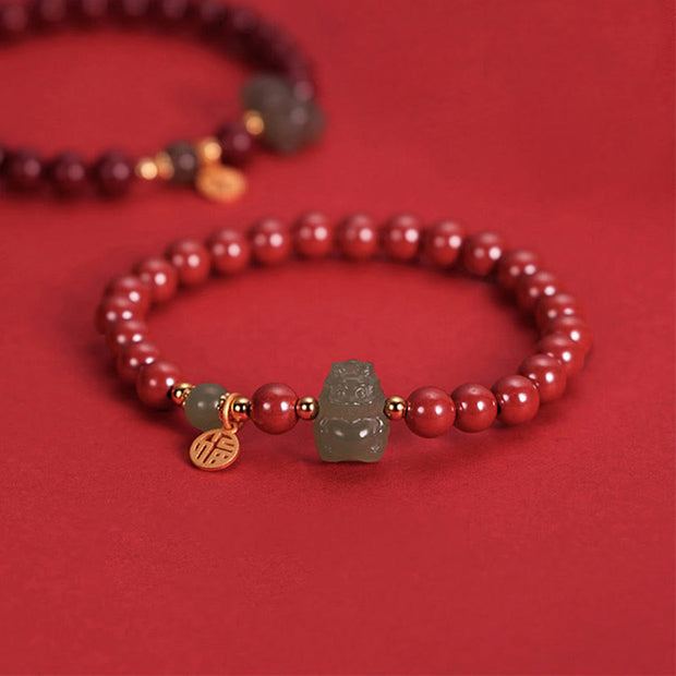 Buddha Stones 925 Sterling Silver Year of the Dragon Natural Cinnabar Hetian Jade Dragon Fu Character Ruyi As One Wishes Charm Blessing Bracelet Bracelet BS Red Cinnabar(Wrist Circumference 14-16cm) Fu Character Charm