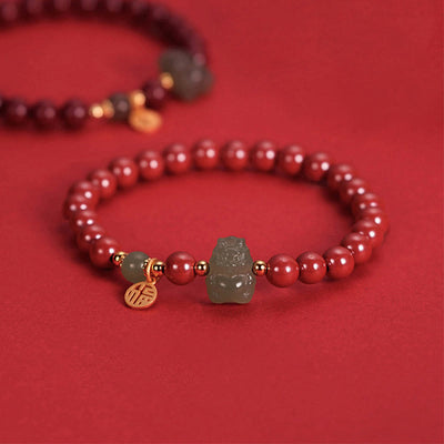 Buddha Stones 925 Sterling Silver Year of the Dragon Natural Cinnabar Hetian Jade Dragon Fu Character Ruyi As One Wishes Charm Blessing Bracelet (Extra 30% Off | USE CODE: FS30) Bracelet BS Red Cinnabar(Wrist Circumference 14-16cm) Fu Character Charm