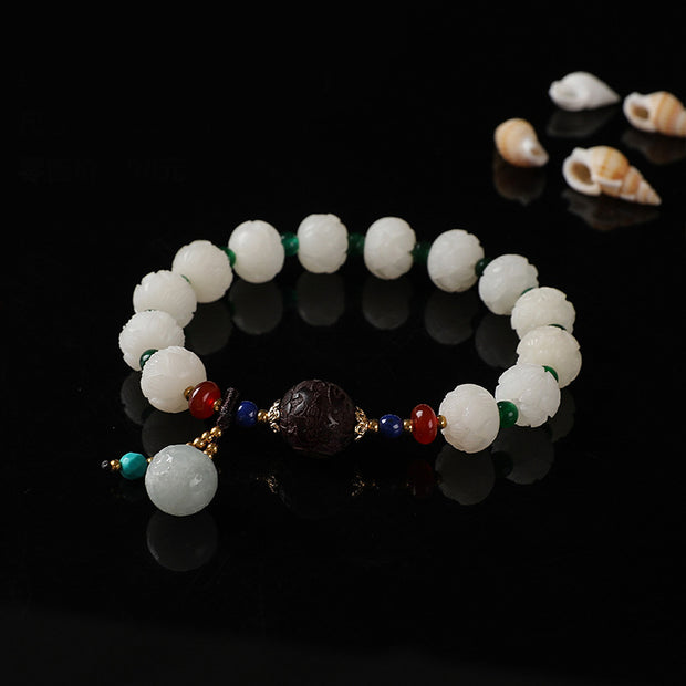 Buddha Stones Bodhi Seed Jade Lotus Charm Peace Bracelet Bracelet BS 3