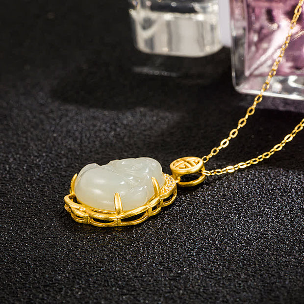 Buddha Stones 925 Sterling Silver Laughing Buddha Hetian White Jade Protection Necklace Pendant Necklaces & Pendants BS 3