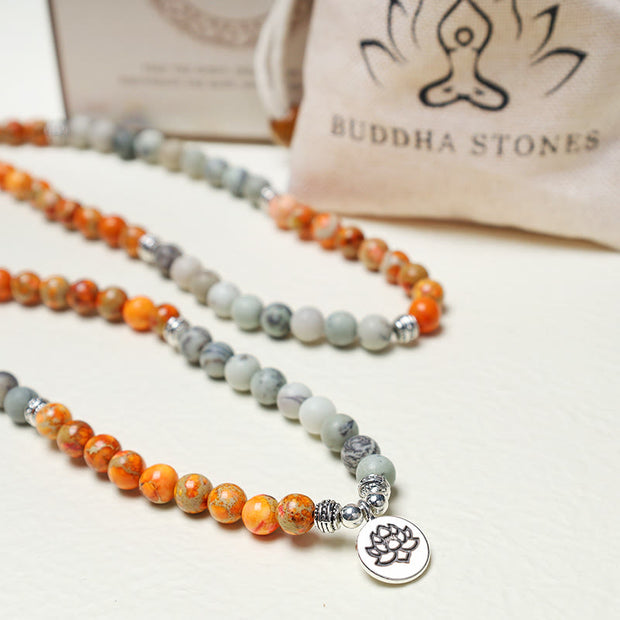 Buddha Stones 108 Mala Beads Natural Stone Sea Sediment Jasper Lotus Protection Bracelet Mala Bracelet BS 5