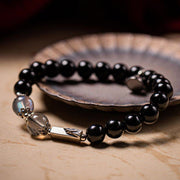 Buddha Stones 925 Sterling Silver Obsidian Moonstone Strength Couple Bracelet Bracelet BS 1