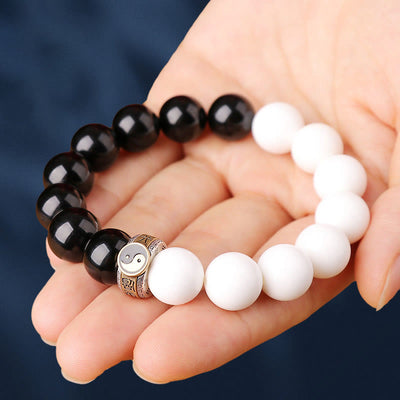 Buddha Stones 925 Sterling Silver Black Obsidian White Shell Yin Yang Strength Bracelet (Extra 30% Off | USE CODE: FS30)