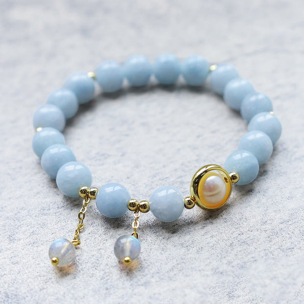 Buddha Stones Aquamarine Pearl Healing Moonstone Beads Charm Bracelet Bracelet BS 5