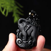 Buddha Stones Black Obsidian Elephant Protection String Necklace Pendant Key Chain Necklaces & Pendants BS 1