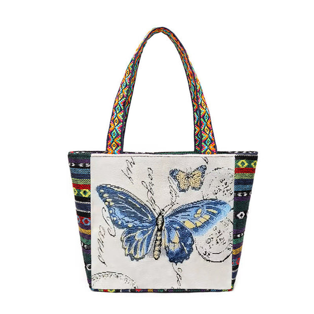 Buddha Stones Elephant Butterfly Embroidered Large Capacity Canvas Tote Bag Shoulder Bag Bag BS Blue Butterfly