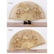 Buddha Stones Retro Crane Plum Orchid Bamboo Chrysanthemum Engraved Pattern Handheld Wood Folding Fan