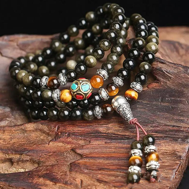 Buddha Stones 108 Beads Mala Golden Obsidian Tiger Eye Energy Bracelet Mala Bracelet BS 1