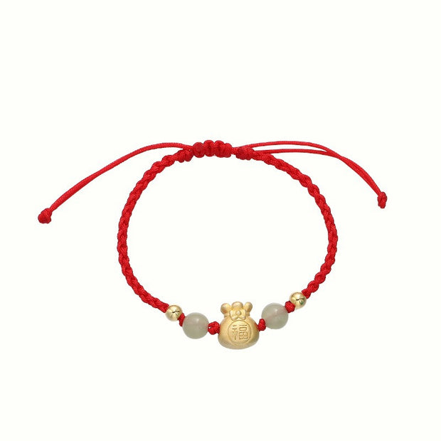 Buddha Stones Lucky Money Bag Fu Character Jade Bead Luck Braided Bracelet