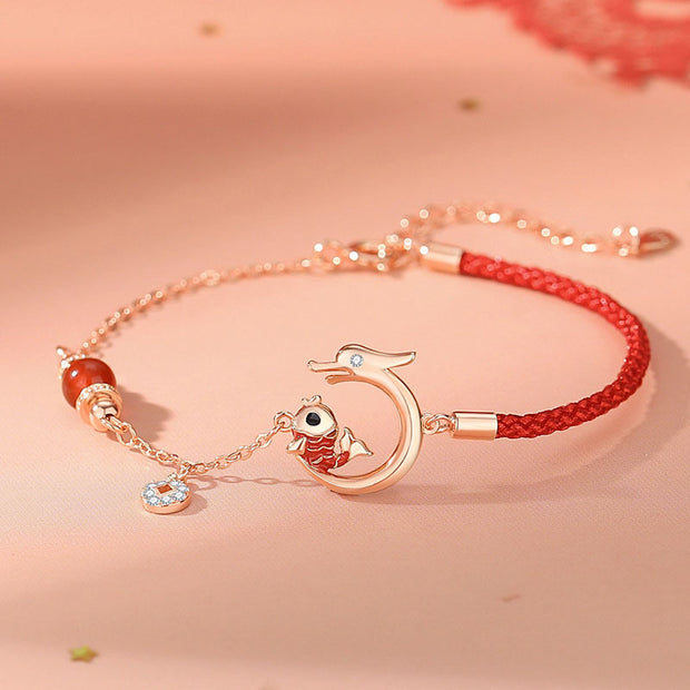 Buddha Stones 925 Sterling Silver Year Of The Dragon Koi Fish Copper Coin Luck Bracelet Necklace Pendant