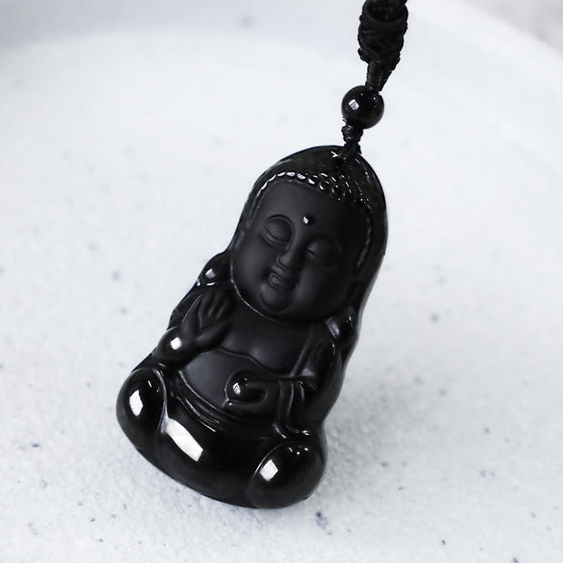 Buddha Stones Natural Black Obsidian Crystal Buddha Strength Protection Amulet Lucky Charm Pendant Necklace Necklaces & Pendants BS 6