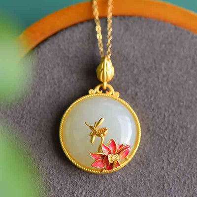 Buddha Stones White Jade Koi Fish Dragonfly Lotus Luck Blessing Necklace Pendant Necklaces & Pendants BS Dragonfly