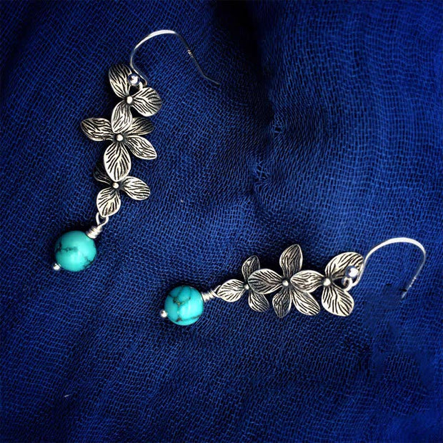 Buddha Stones 925 Sterling Silver Turquoise Lazurite Flower Leaf Serenity Protection Hook Drop Dangle Earrings Earrings BS 8