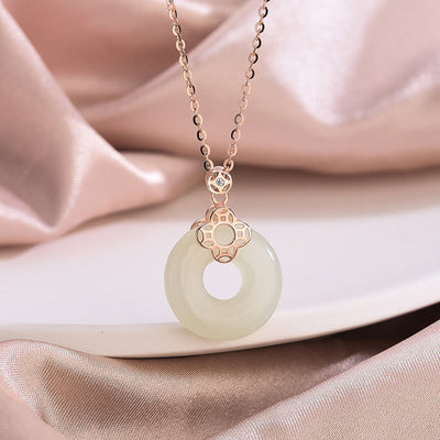 Buddha Stones 925 Sterling Silver Natural Hetian White Jade Chalcedony Coin Peace Buckle Luck Necklace Pendant Necklaces & Pendants BS Hetian Jade(Prosperity♥Abundance) Rose Gold