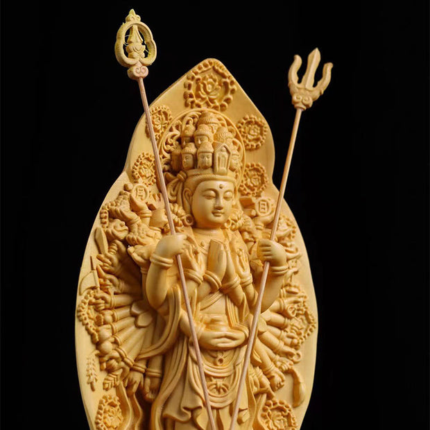 Buddha Stones Handmade Thousand-armed Avalokitesvara Kwan Yin Bodhisattva Statue Boxwood Abundance Home Decoration Decorations BS 2