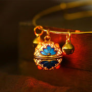 Buddha Stones Retro Lotus Flower Wealth Bells Charm Adjustable Cuff Bracelet Bangle