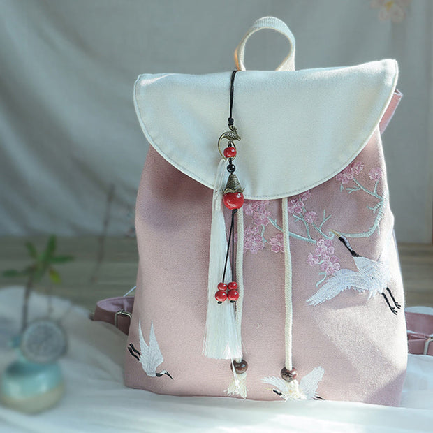 Buddha Stones Handmade Embroidered Large Capacity Canvas Backpack Backpack BS Cherry White Crane