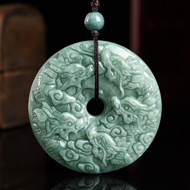 Buddha Stones Year of the Dragon Natural Jade Nine Dragons Peace Buckle Protection Necklace Pendant Necklaces & Pendants BS 1
