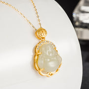 Buddha Stones 925 Sterling Silver Laughing Buddha Hetian White Jade Protection Necklace Pendant Necklaces & Pendants BS 1