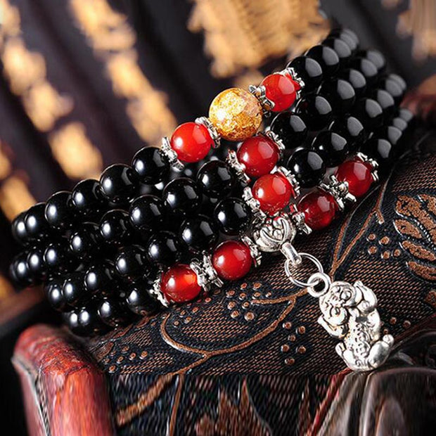 Chinese Zodiac 108 Beads Black Obsidian Red Agate Mala Bracelet Mala Bracelet BS 10