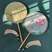 Buddha Stones Lotus Flowers White Crane Auspicious Clouds Double-sided Embroidered Handheld Silk Fan