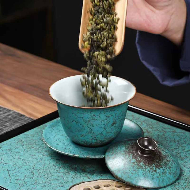 Buddha Stones Traditional Pine Tree Green Ceramic Gaiwan Sancai Teacup Kung Fu Tea Cup And Saucer With Lid