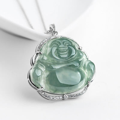 Buddha Stones 925 Sterling Silver Laughing Buddha Natural Jade Luck Necklace Chain Pendant Necklaces & Pendants BS Jade