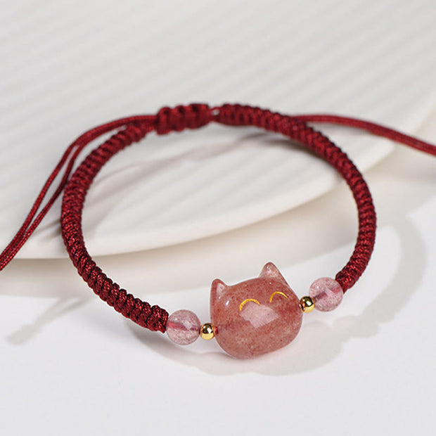 Buddha Stones Handmade Natural Silver Sheen Obsidian Strawberry Quartz Cute Cat Protection Braided Bracelet Bracelet BS 8