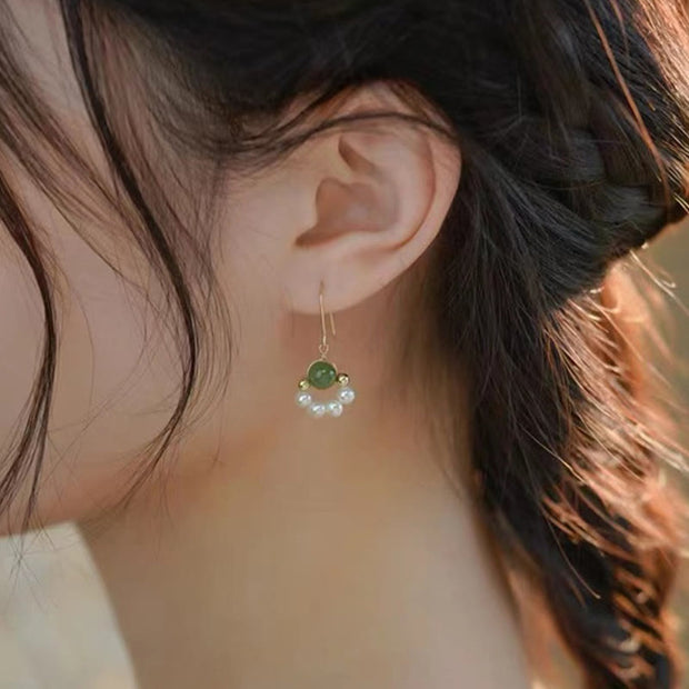 Buddha Stones Cyan Jade Pearl Bead Luck Drop Earrings Earrings BS 11