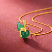Buddha Stones Cyan Jade Gourd Lotus Leaf Abundance Pendant Necklace Necklaces & Pendants BS 1