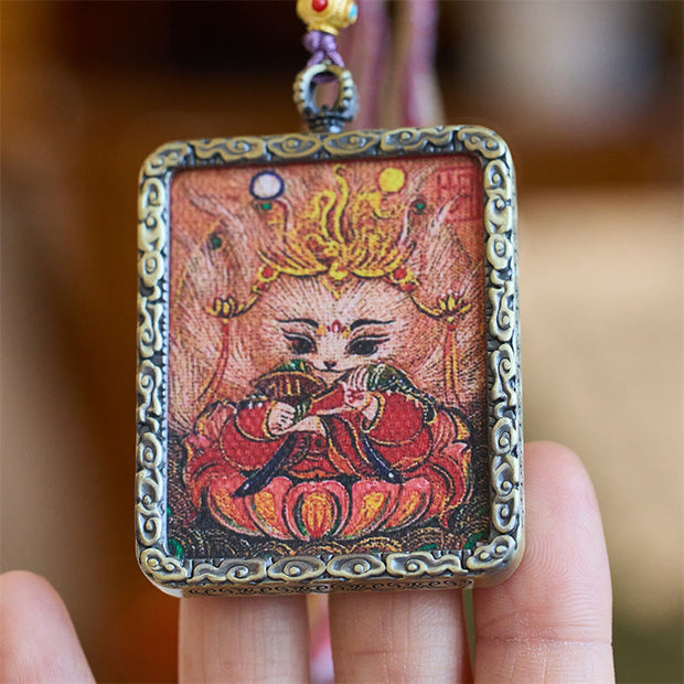 Buddha Stones Tibetan Hand-Painted Thangka Nine-Tailed Fox Luck Necklace Pendant