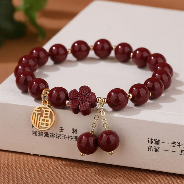 Buddha Stones Cinnabar Fu Character Cherry Blossom Blessing Bracelet