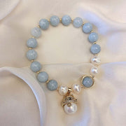 Buddha Stones Aquamarine Pearl Peace Healing Lucky Cat Charm Bracelet Bracelet BS 5