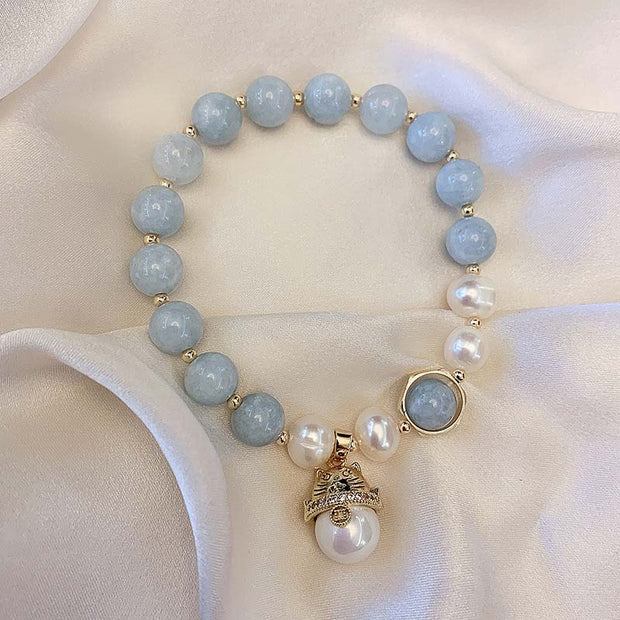 Buddha Stones Aquamarine Pearl Peace Healing Lucky Cat Charm Bracelet ...