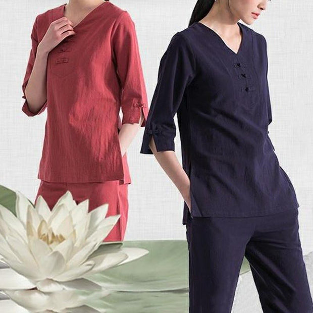 Buddha Stones Yoga Meditation Prayer V-neck Design Cotton Linen Clothing Uniform Zen Practice Women's Set