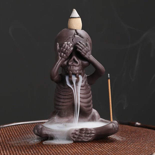 Buddha Stones Little Skull Ghost Purple Clay Backflow Smoke Fountain Peace Incense Burner Decoration