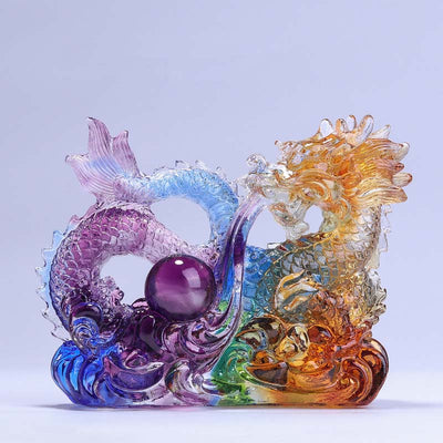 Buddha Stones Year of the Dragon Handmade Dragon Playing With Pearl Ingot Liuli Crystal Art Piece Protection Home Office Decoration Decorations BS Dragon 14.5*5.5*11cm/5.71*2.17*4.33Inch
