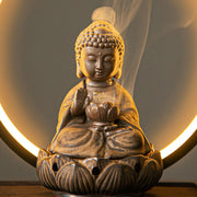 Buddha Stones Buddha Lotus Backflow Smoke Fountain Ceramic Blessing Incense Burner With Light Decoration Incense Burner BS 8