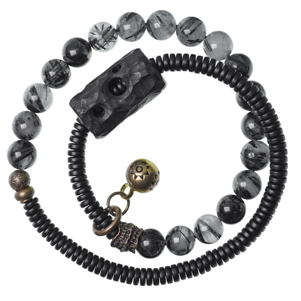 Buddha Stones Black Rutilated Quartz Ebony Wood Copper Wisdom Couple Bracelet Bracelet BS 13