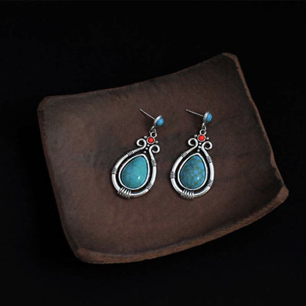 Buddha Stones Tibet Vintage Turquoise Waterdrop Strength Drop Dangle Earrings Clips