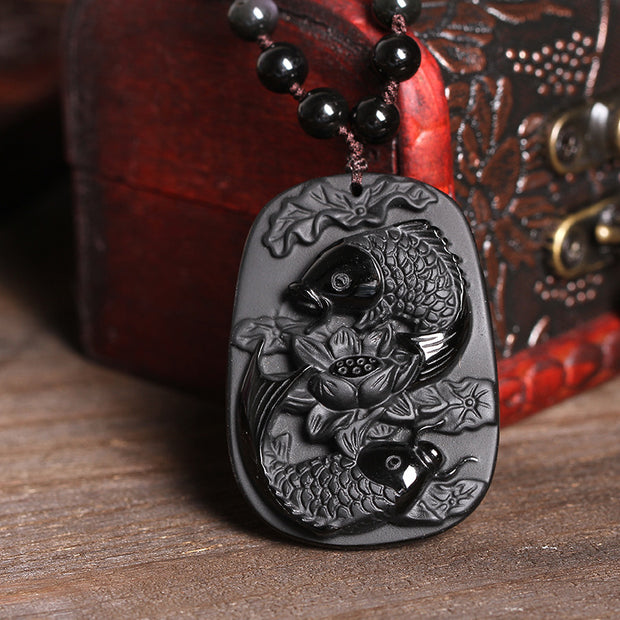Buddha Stones Natural Black Obsidian Koi Fish Lotus Strength Beaded Necklace Pendant Necklaces & Pendants BS 2