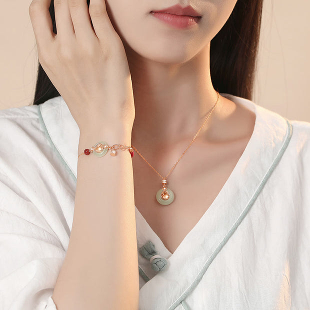 Buddha Stones 925 Sterling Silver Year of the Dragon Natural Hetian Jade Zircon Peace Buckle Protection Bracelet Necklace Pendant