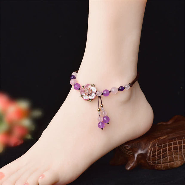 Buddha Stones Natural Amethyst Rose Quartz Crystal Charm Lucky Healing Anklet Anklet BS 2