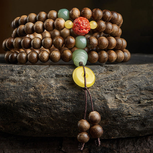 Buddha Stones 108 Mala Beads Kalimantan Agarwood Gourd Jade Amber Balance Bracelet Bracelet Mala BS 8
