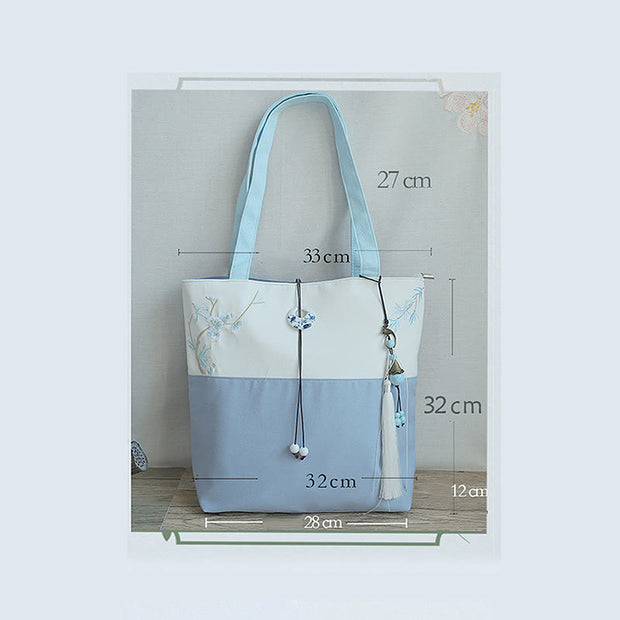 Buddha Stones Pear Flower Plum Peach Blossom Bamboo Embroidery Canvas Large Capacity Shoulder Bag Tote Bag