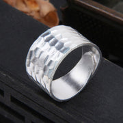 Buddha Stones Tibetan 990 Sterling Silver Handmade Rustic Hammered Pattern Ring Ring BS 5