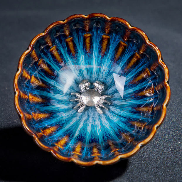 Buddha Stones Lotus Goldfish Auspicious Dragon Phoenix Ceramic Teacup Silver Inlaid Tea Cups 130ml Cup BS Crab