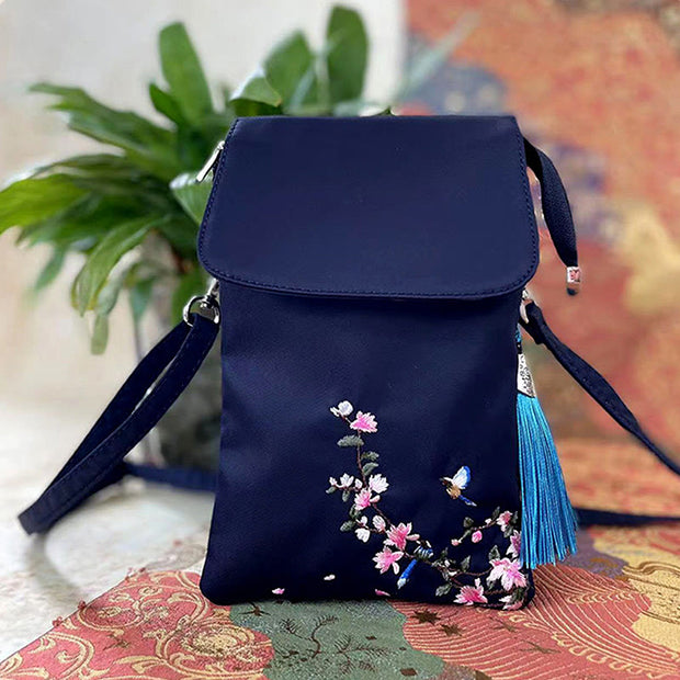 Buddha Stones Waterproof Handmade Embroidered Lotus Flowers Crossbody Bag Shoulder Bag Cellphone Bag Bag BS Blue Flower Bird