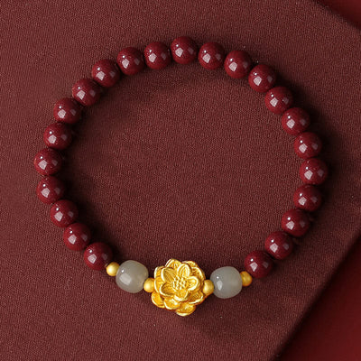 Buddha Stones 999 Sterling Silver Lotus Cinnabar Hetian Jade Blessing Bracelet Bracelet BS Cinnabar